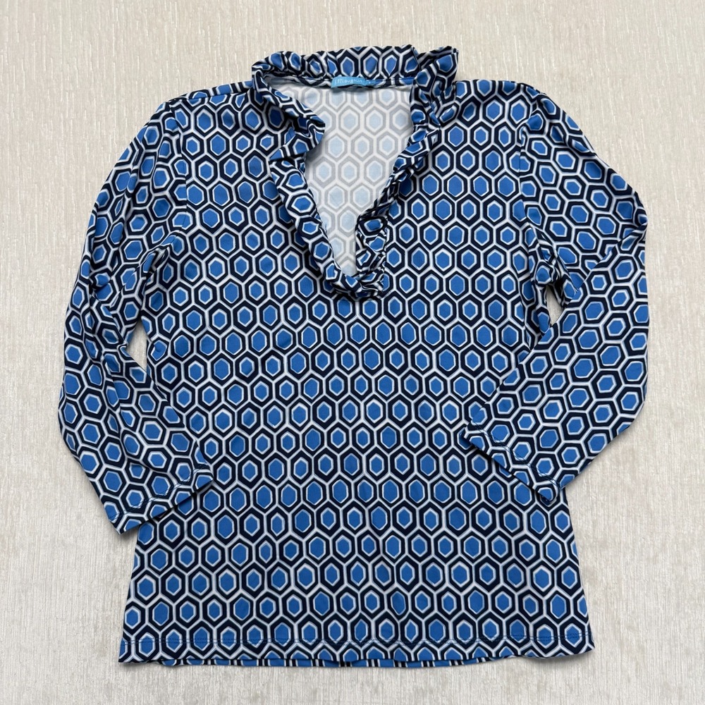 J. McLaughlin Nylon Stretch Blouse Top Small Blue Ruffle Travel No Iron Office